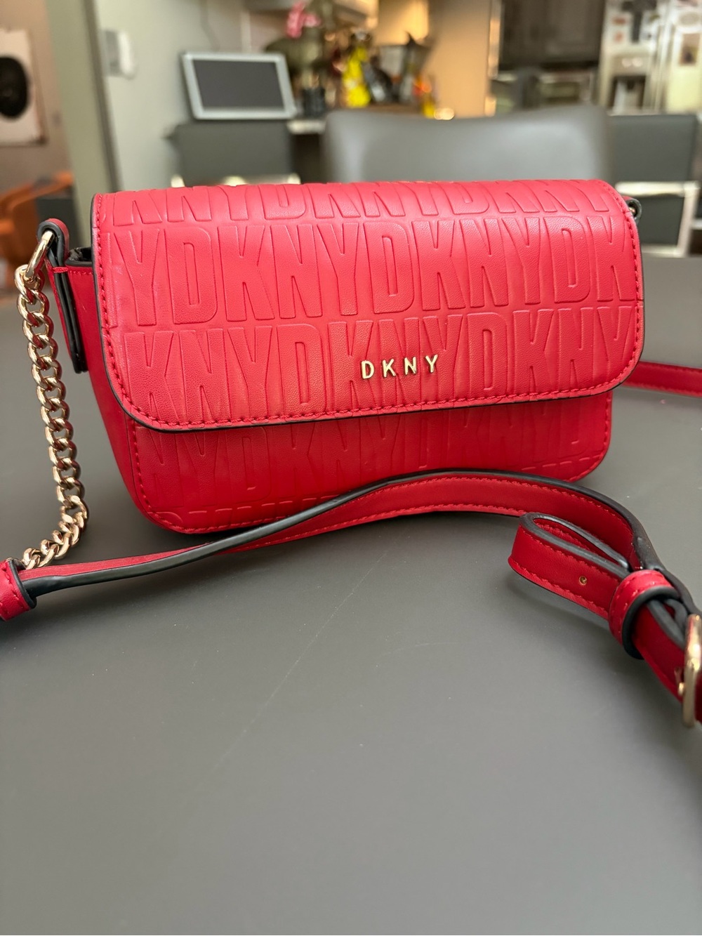 DKNY Red Embossed Leather Crossbody with Chain Strap